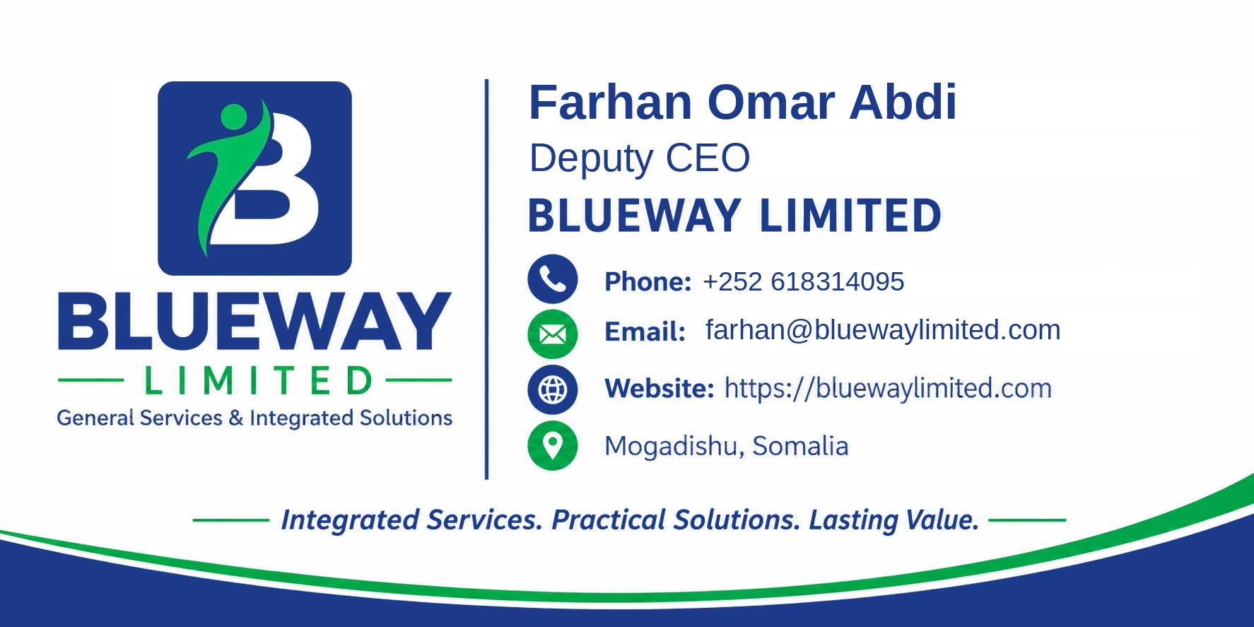 Original Blueway Limited business card of Farhan Omar Abdi, Deputy Chief Executive Officer (Deputy CEO), with official contact details