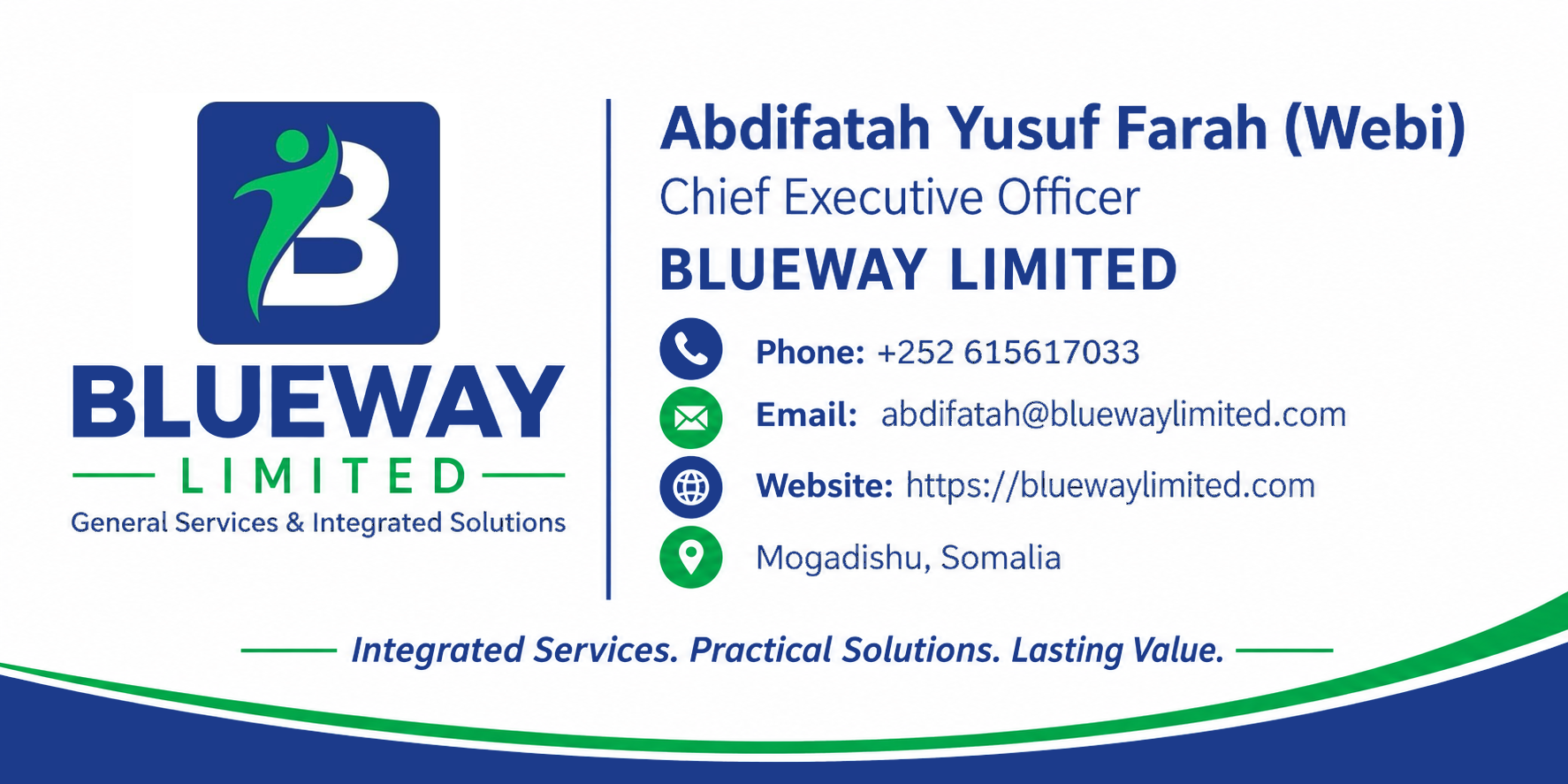 Original Blueway Limited business card of Abdifatah Yusuf Farah (Webi), Chief Executive Officer (CEO), with official contact details