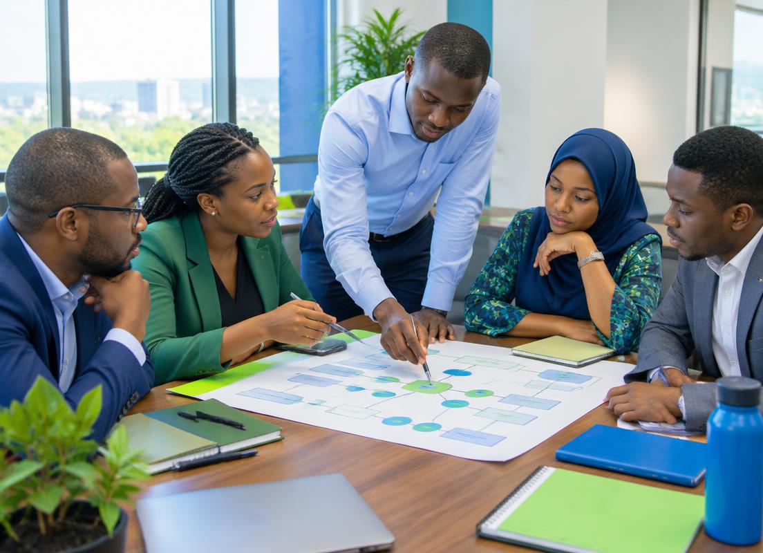 Professionals reviewing an organizational planning diagram together