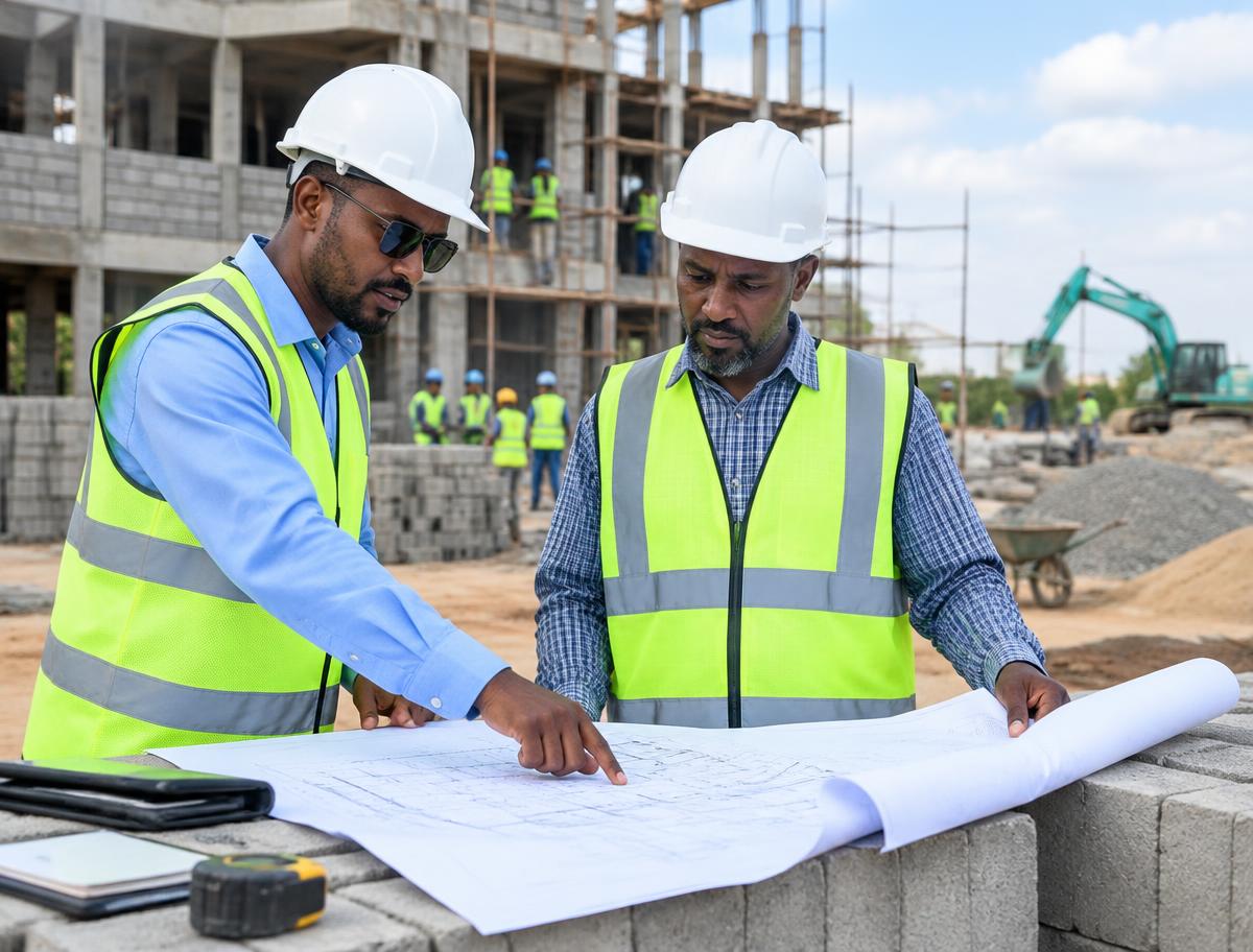 Construction professionals reviewing plans at a work site