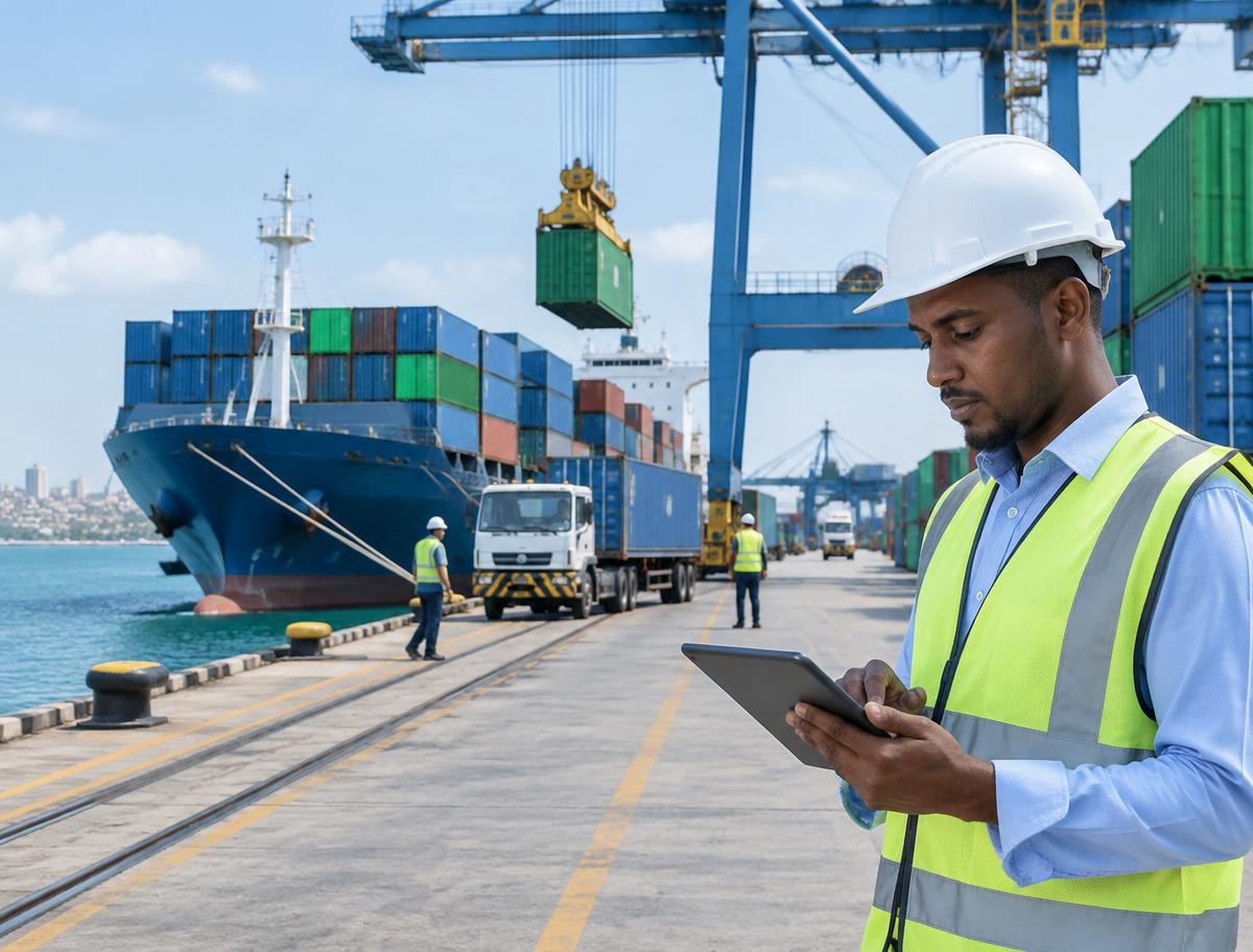 Logistics professional coordinating cargo operations at a port