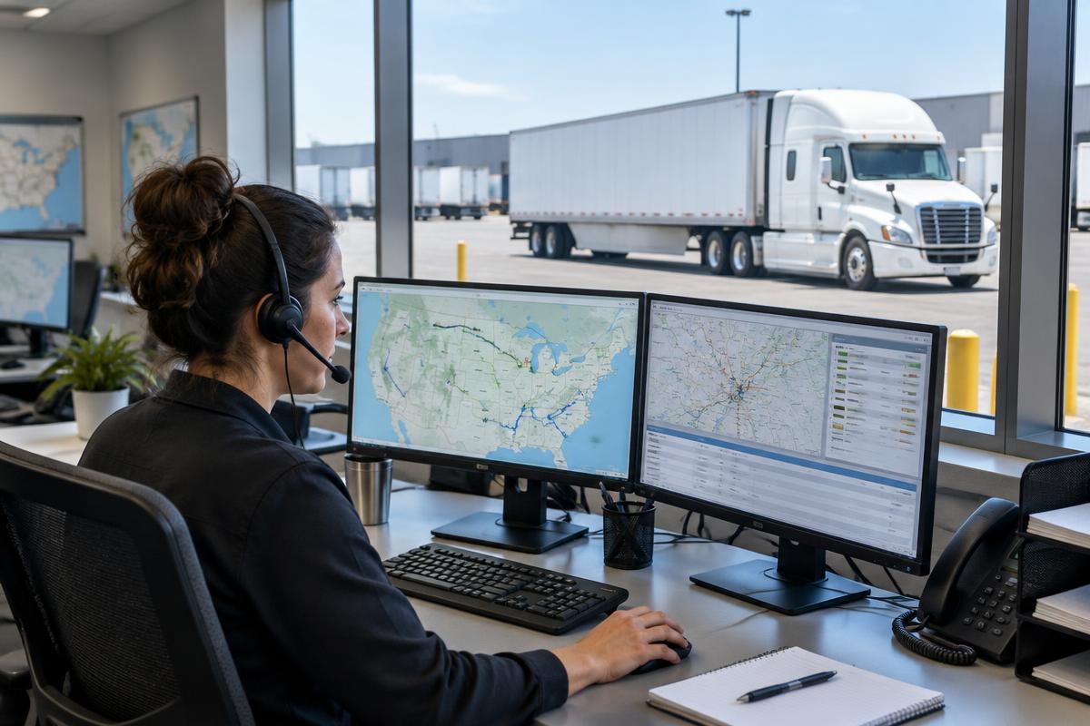 Dispatch coordinator reviewing route maps with a semi-truck and freight trailer visible in the yard